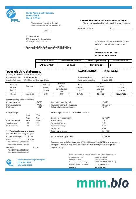 USA Florida Power & Light Company (FPL) szablon rachunku za energię elektryczną w formatach Word i PDF